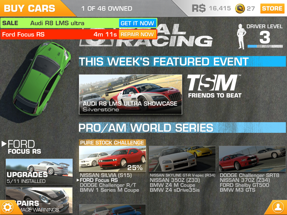 real racing 3 menu